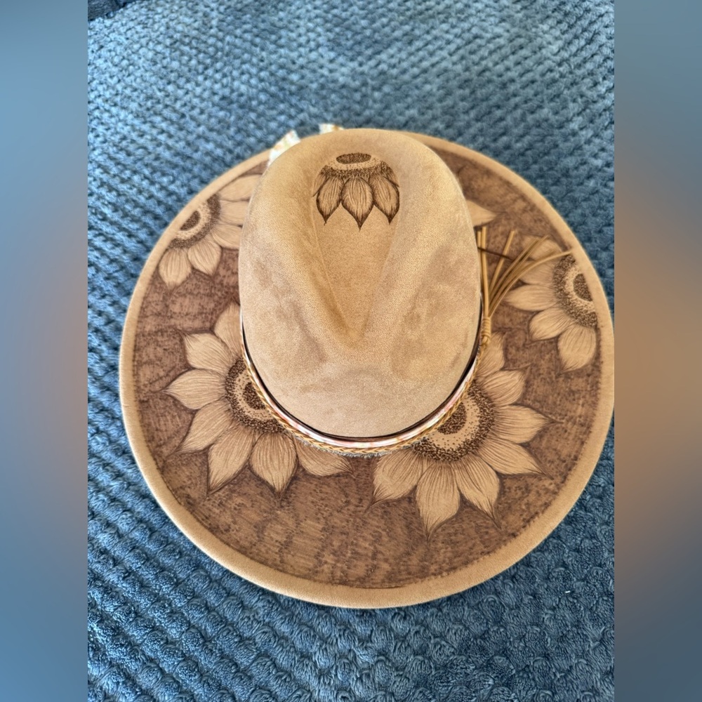 Sunflower Hand Burned Tan Hat - Picture 2 of 3